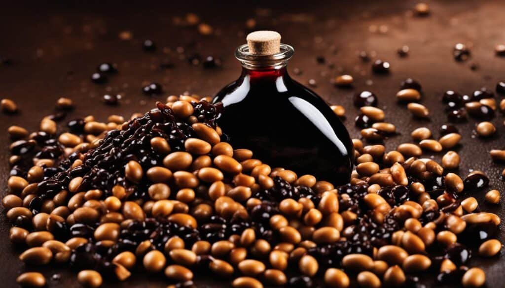 Chinese soy sauce bottle and soybeans