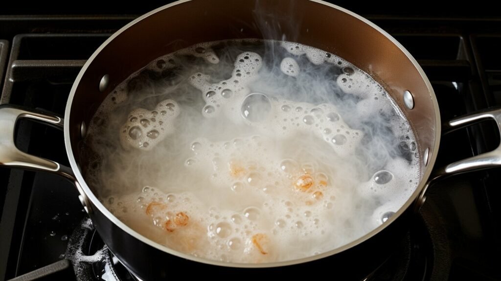 Cookware soaking in hot water with dish soap and a cup of white vinegar, to prepare for effective cleaning.