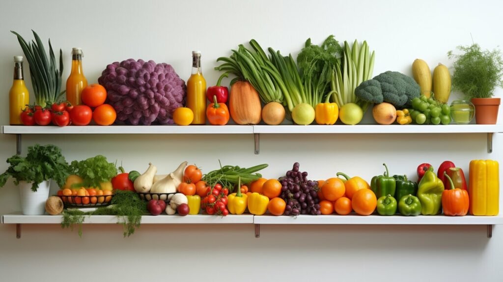 shelf of fruits and vegetables