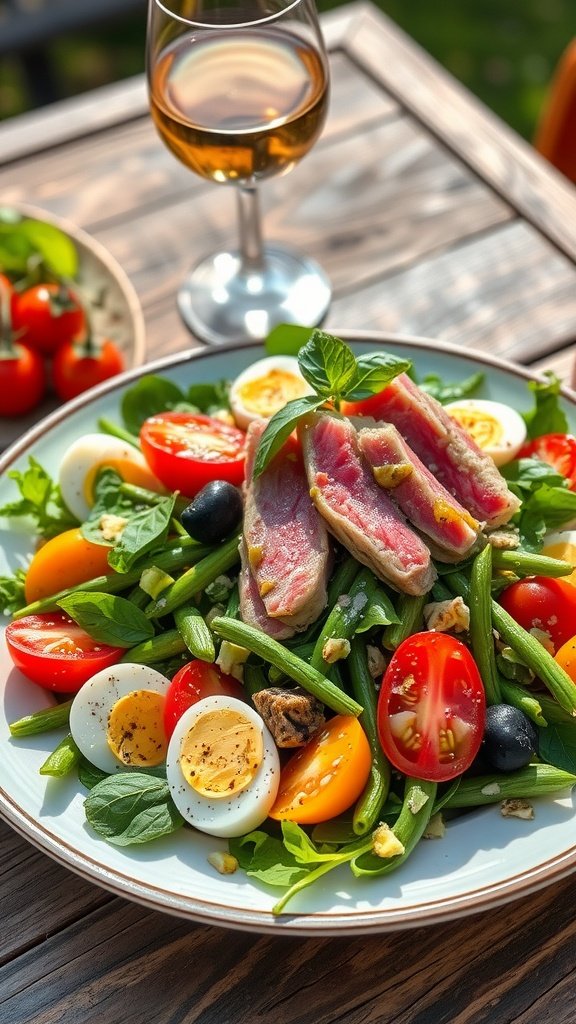 A classic Niçoise salad with tuna, eggs, green beans, and tomatoes, garnished with basil on a rustic table.