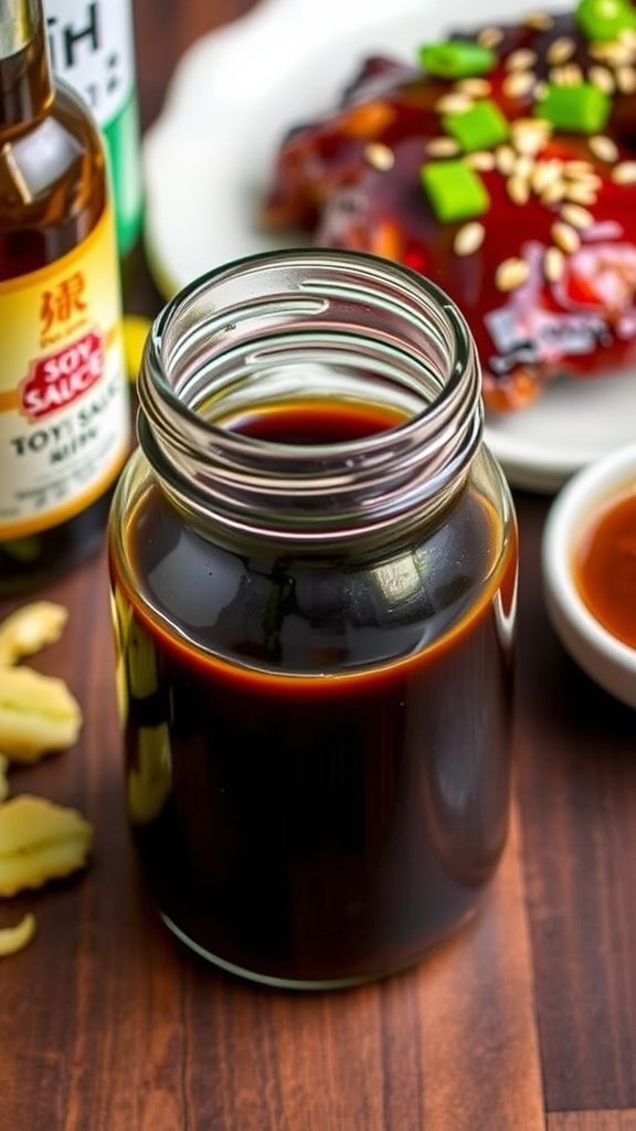 A jar of homemade teriyaki sauce, with fresh ingredients and grilled chicken in the background.