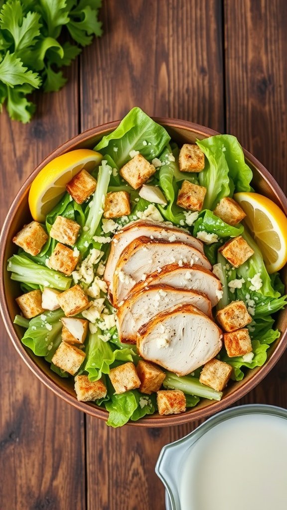 A classic Caesar salad with romaine lettuce, creamy dressing, croutons, Parmesan, and grilled chicken on a rustic table.