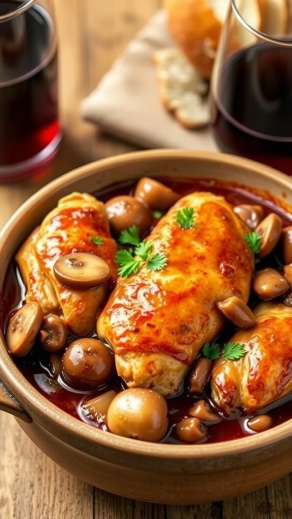 A bowl of Coq au Vin with chicken, mushrooms, and onions in red wine sauce, garnished with parsley, alongside a glass of wine and bread.