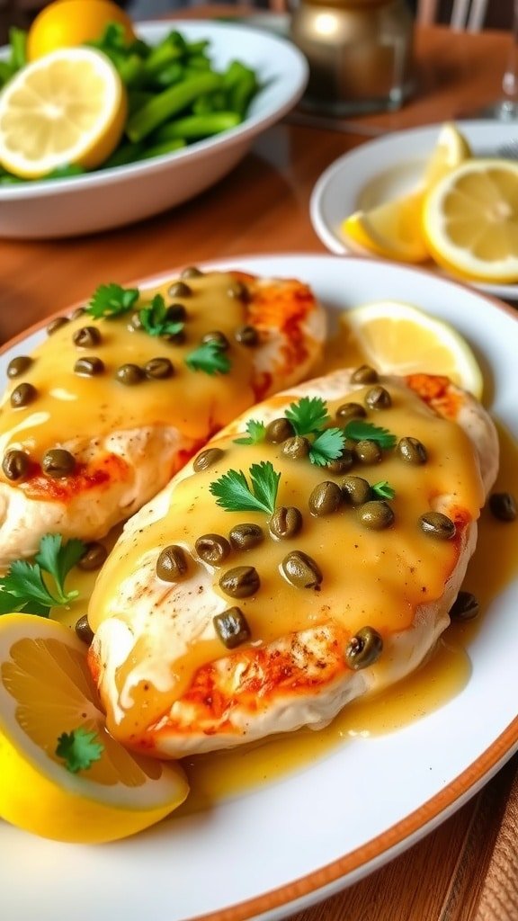 A plate of Chicken Piccata with lemon butter sauce and capers, garnished with parsley, and lemon wedges on a table.