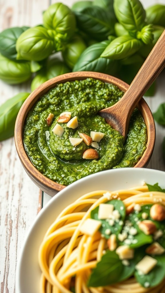 A bowl of bright green basil pesto sauce with Parmesan and pine nuts, accompanied by pasta.