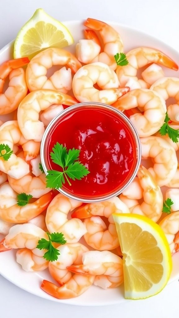 Chilled shrimp cocktail with vibrant sauce, garnished with lemon and parsley, on a white platter.
