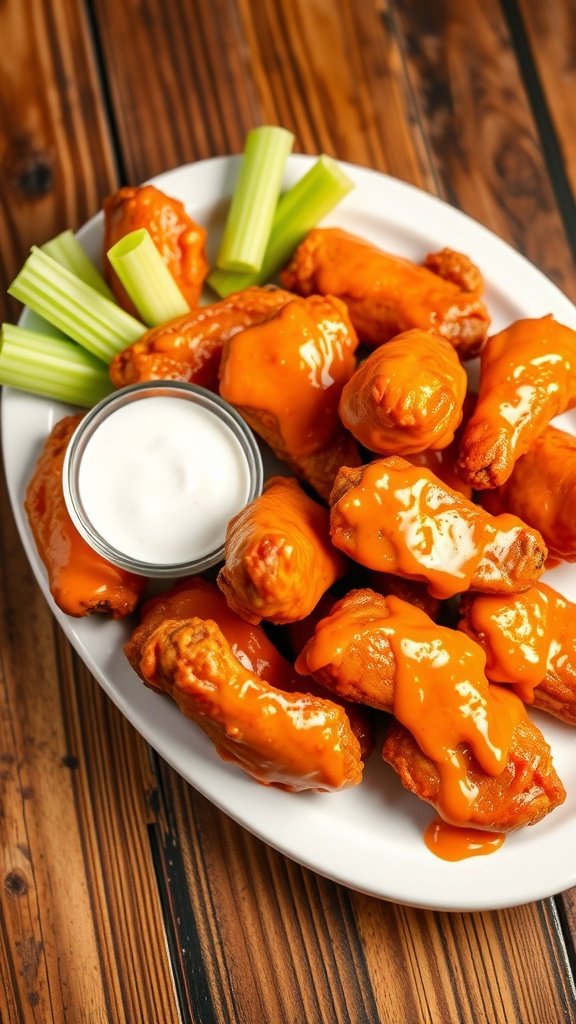 A platter of crispy buffalo chicken wings with celery sticks and ranch dressing on a wooden table.