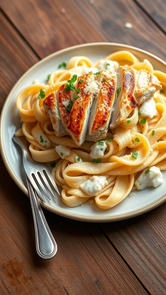 Creamy Chicken Alfredo with fettuccine pasta, topped with grilled chicken and parsley, on a rustic table.