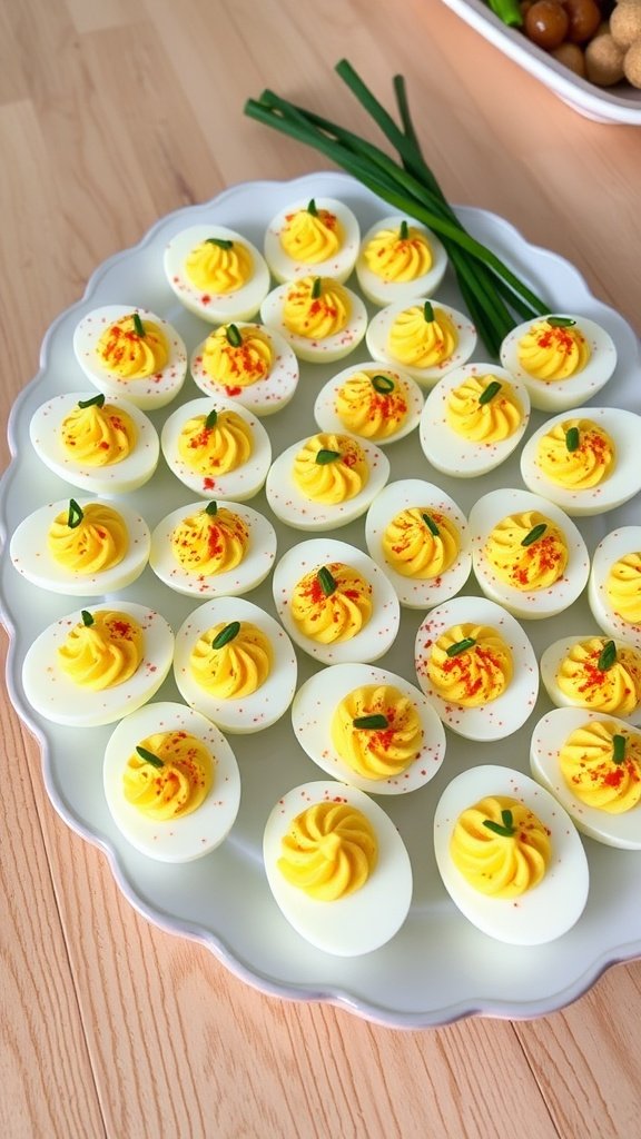A serving platter of classic deviled eggs garnished with paprika and chives.