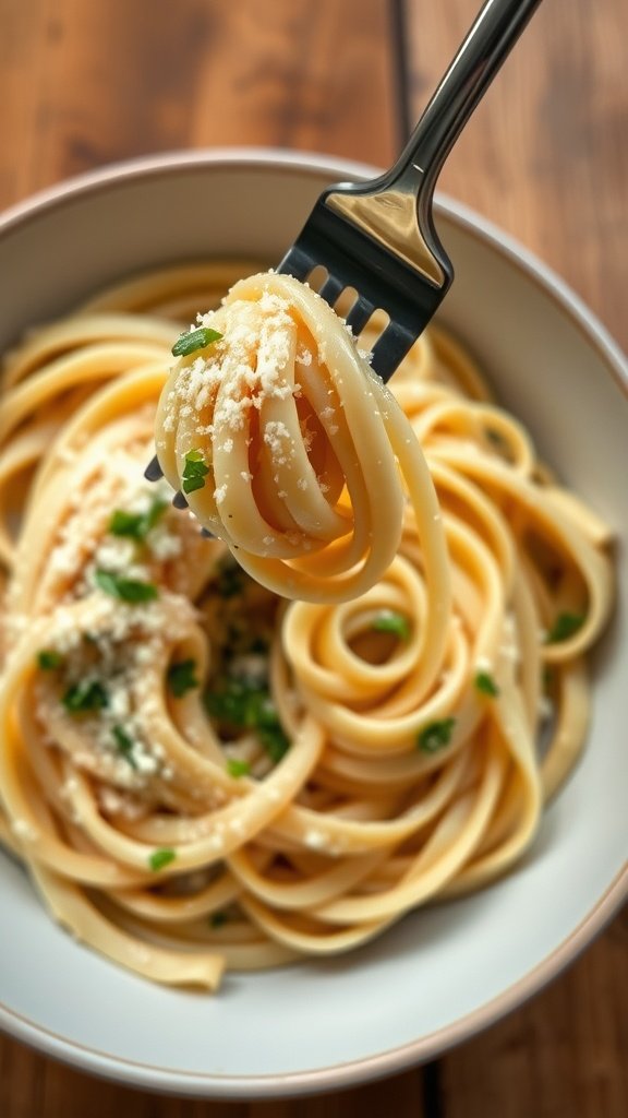 A bowl of fettuccine Alfredo with rich creamy sauce, garnished with Parmesan and parsley on a rustic table.