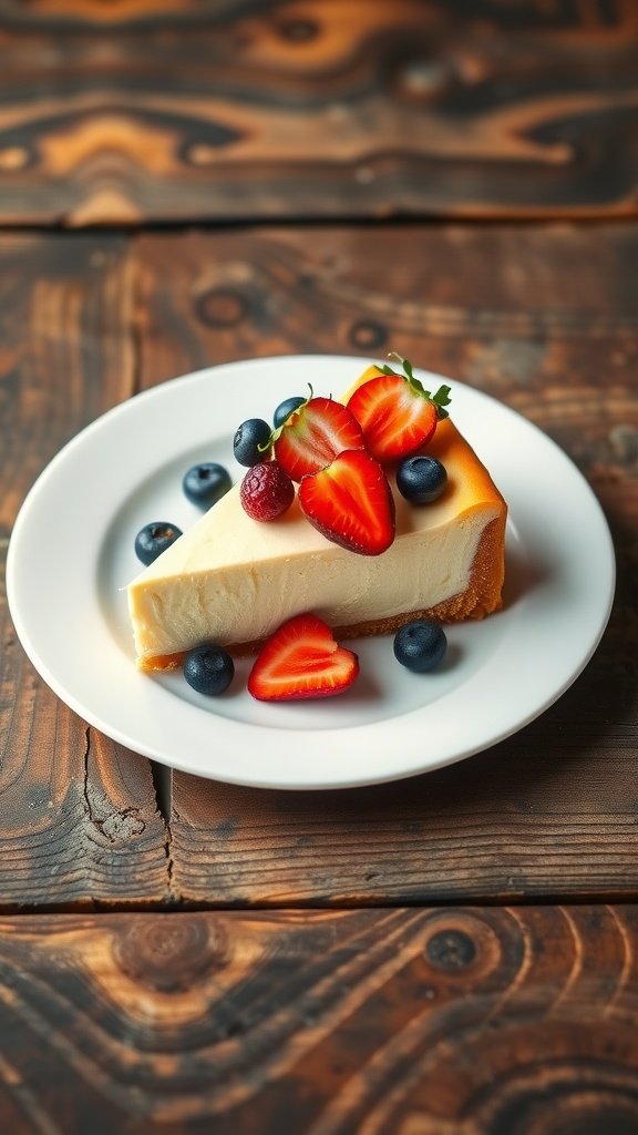 Slice of New York style cheesecake topped with fresh strawberries and blueberries, served on a white plate.