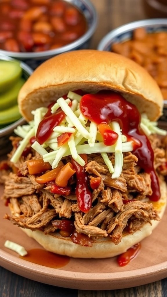 Pulled pork sandwich with BBQ sauce and coleslaw on a toasted bun, served with pickles and baked beans.