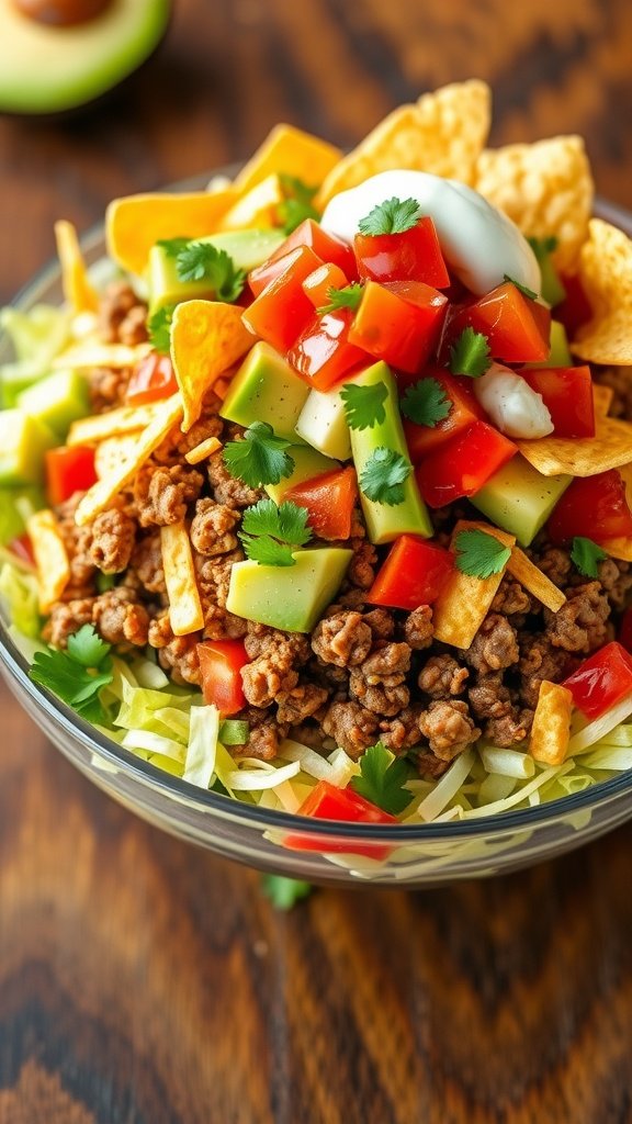 A hearty taco salad with lettuce, tomatoes, avocado, ground beef, cheese, tortilla chips, salsa, and sour cream, garnished with cilantro.