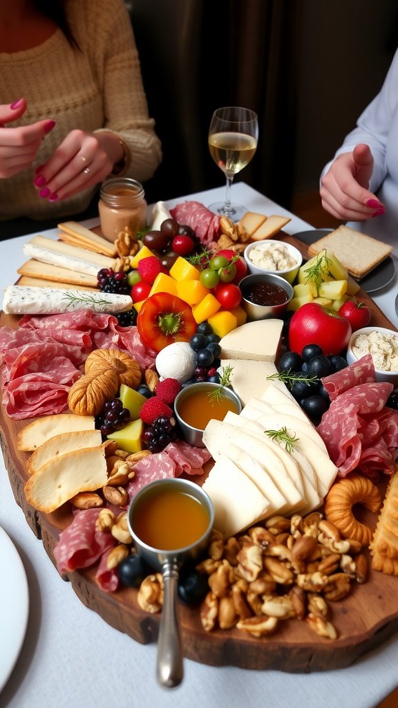 A visually appealing charcuterie board featuring cured meats, cheeses, fruits, and nuts, arranged invitingly on a wooden platter.