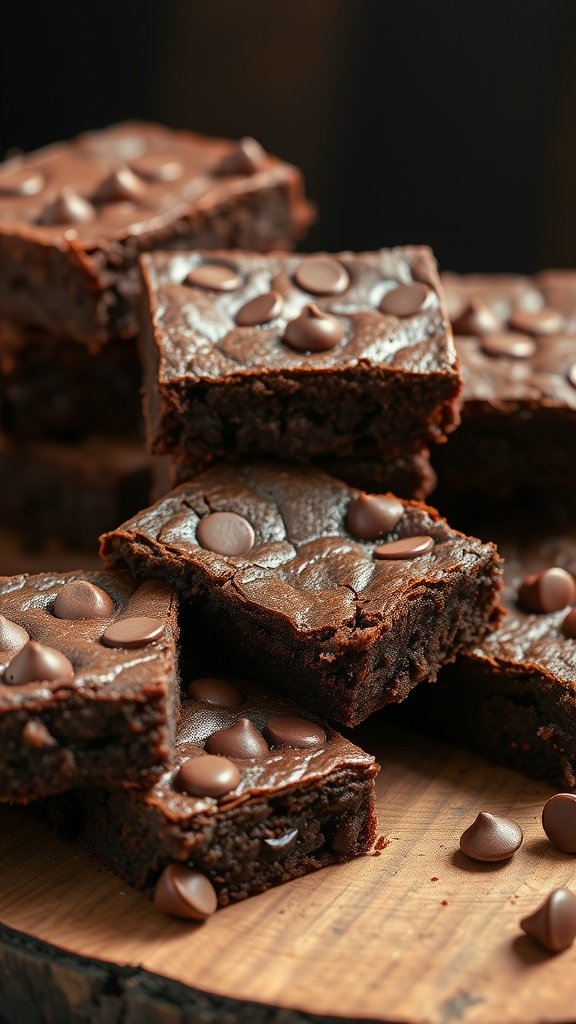 Fudgy chocolate brownies stacked on a wooden table, showcasing their chewy texture and rich chocolate chips.