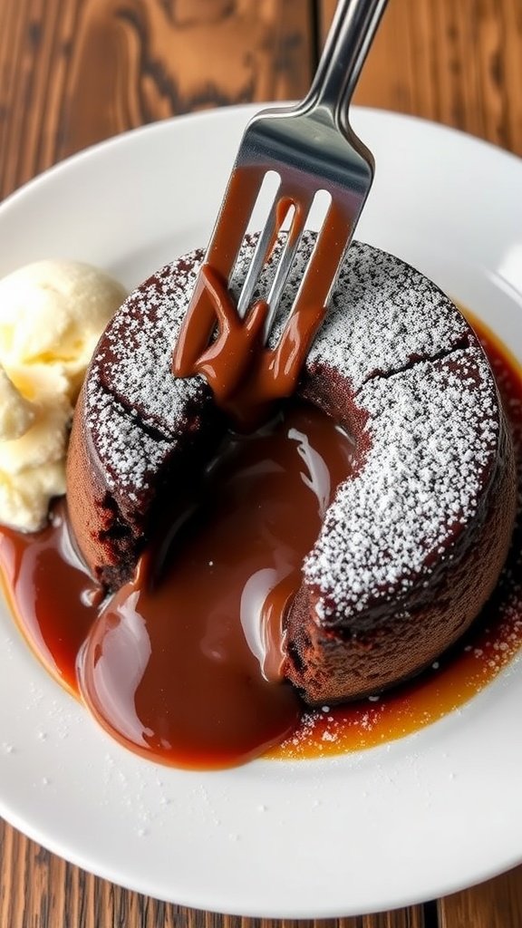 Molten lava cake with a gooey chocolate center, served with vanilla ice cream and dusted with powdered sugar on a rustic table.