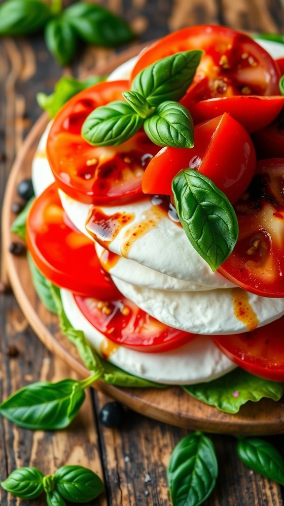 A classic Caprese salad with tomatoes, mozzarella, and basil drizzled with balsamic glaze, presented on a wooden table.