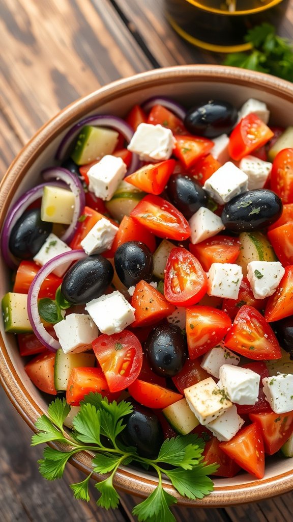 A colorful Greek salad with cucumbers, tomatoes, red onions, Kalamata olives, and feta cheese, garnished with parsley.