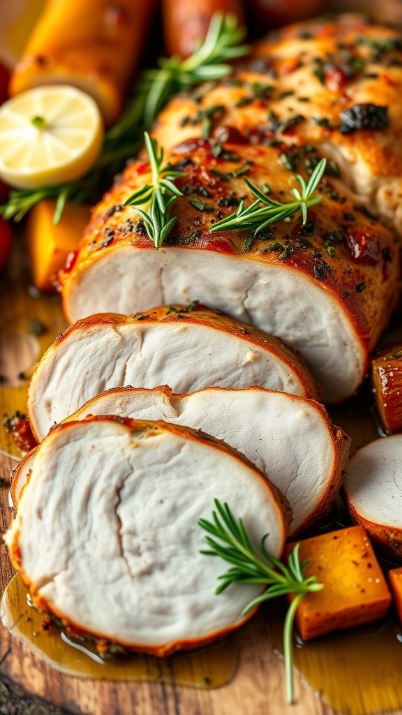 Sliced herb-crusted pork tenderloin on a rustic platter, garnished with herbs and served with roasted vegetables.