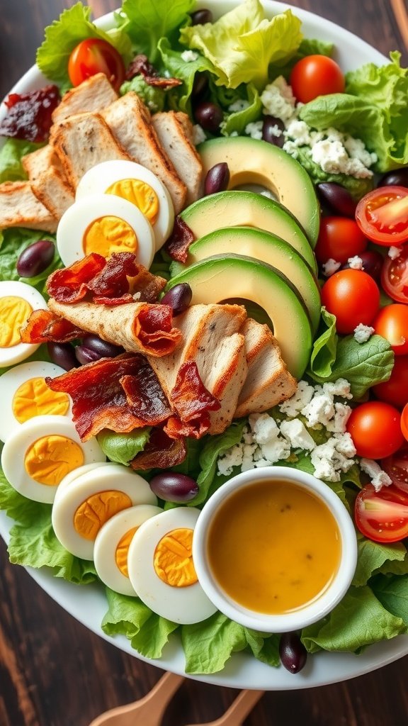 A colorful Cobb Salad with greens, grilled chicken, bacon, eggs, avocado, tomatoes, and blue cheese, served with vinaigrette.