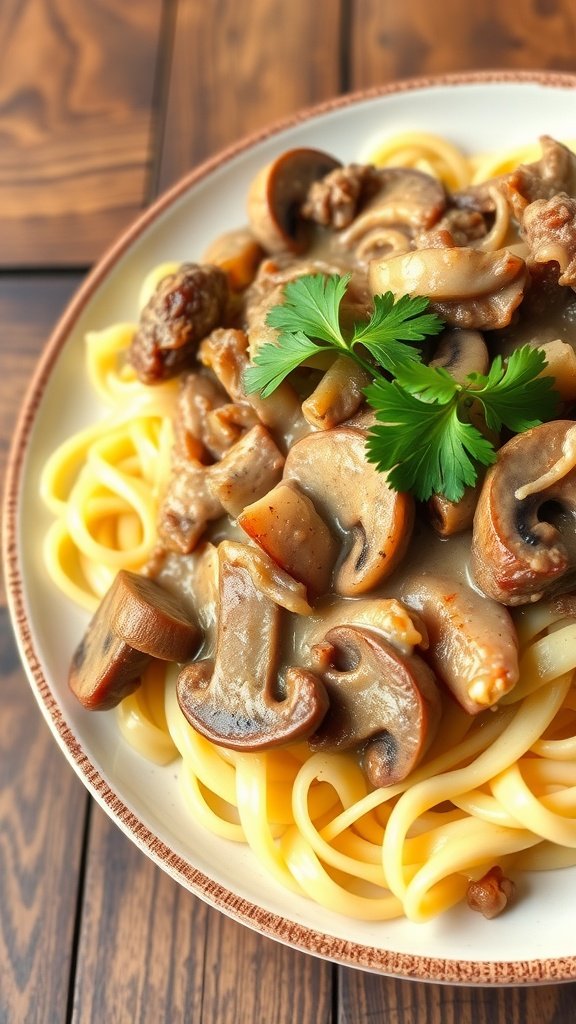 A plate of Beef Stroganoff with beef strips, mushrooms, onions in creamy sauce over egg noodles, garnished with parsley.