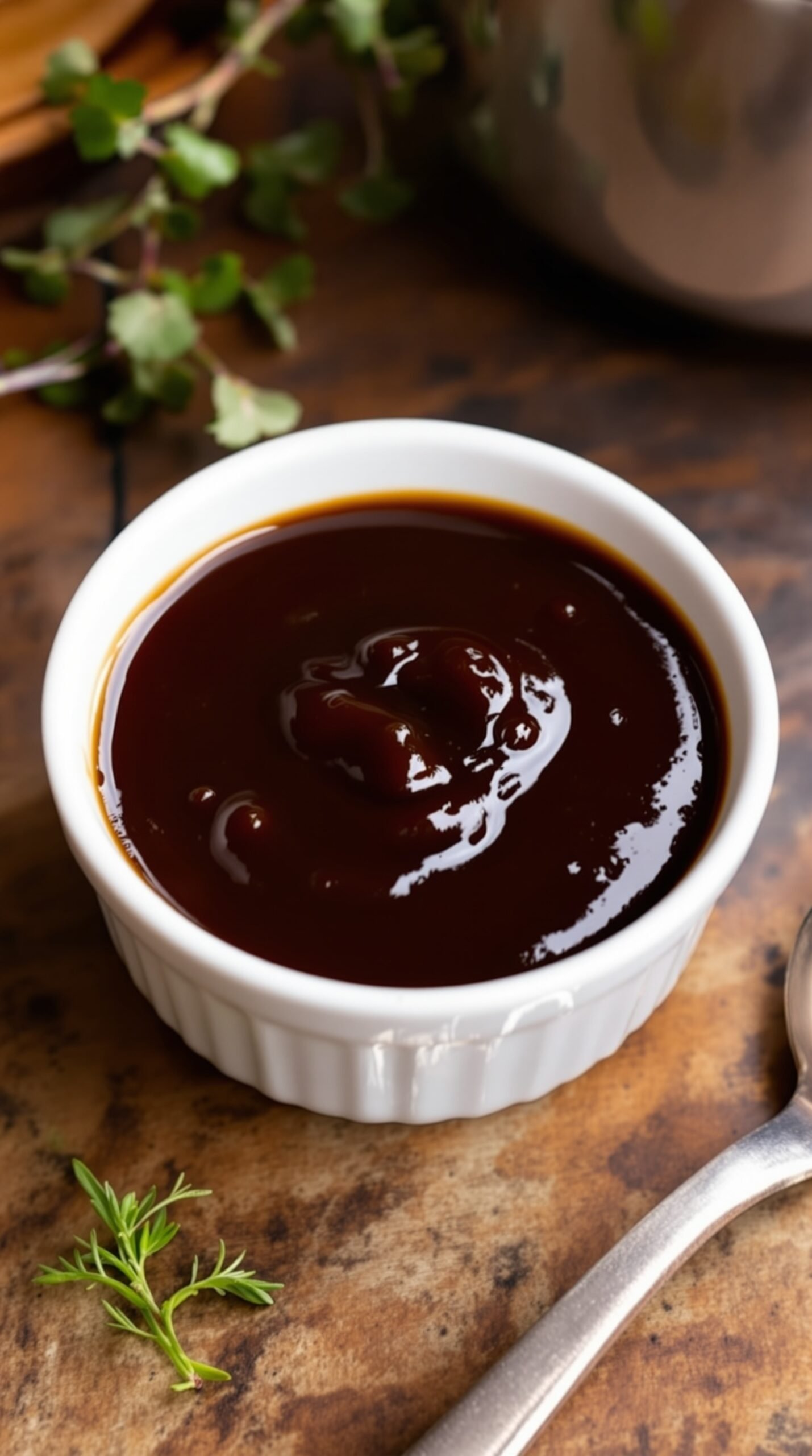 A bowl of rich demi-glace sauce on a wooden table with herbs.