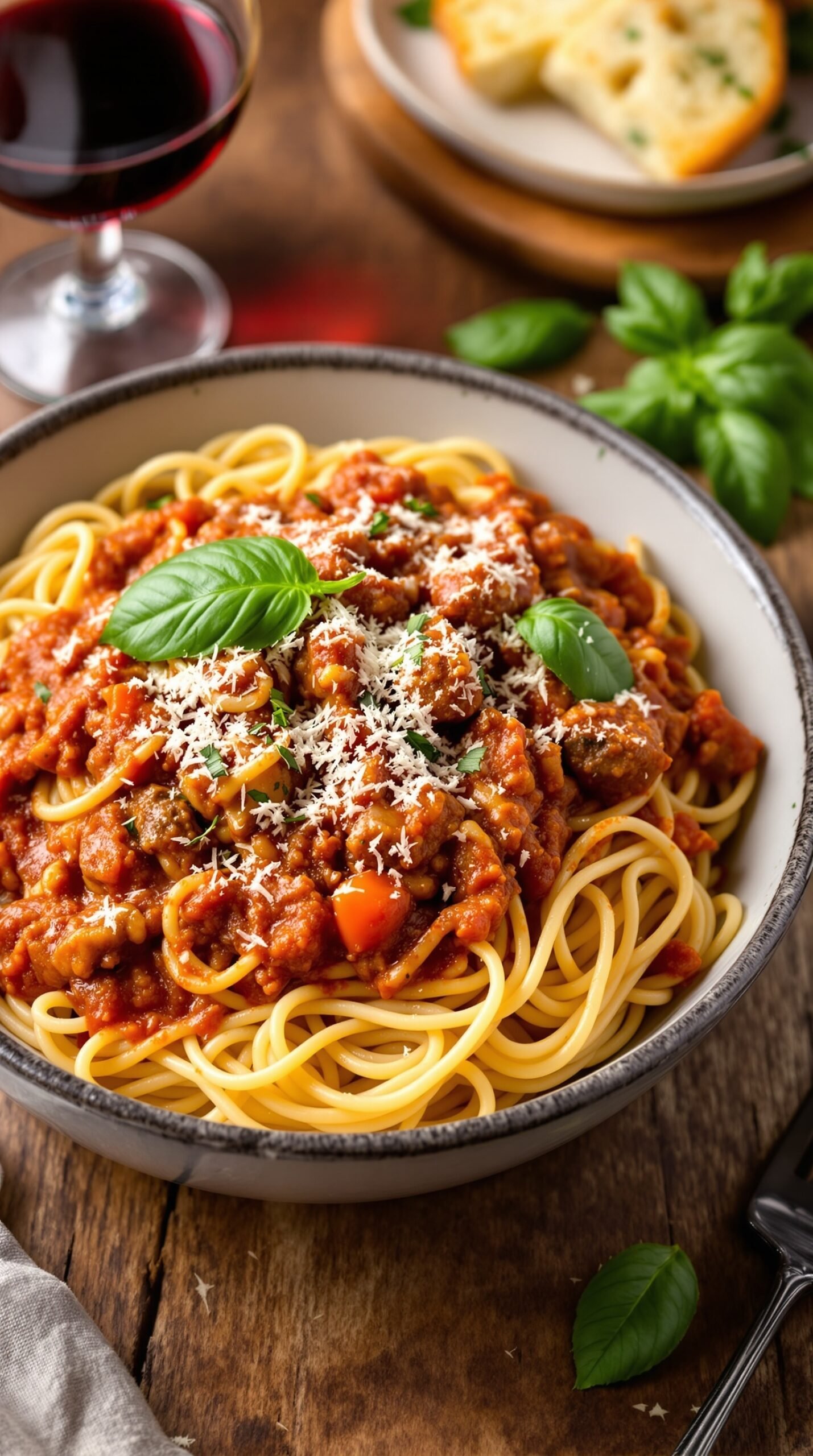 A bowl of spaghetti topped with rich Bolognese sauce, garnished with basil and Parmesan, on a rustic table.