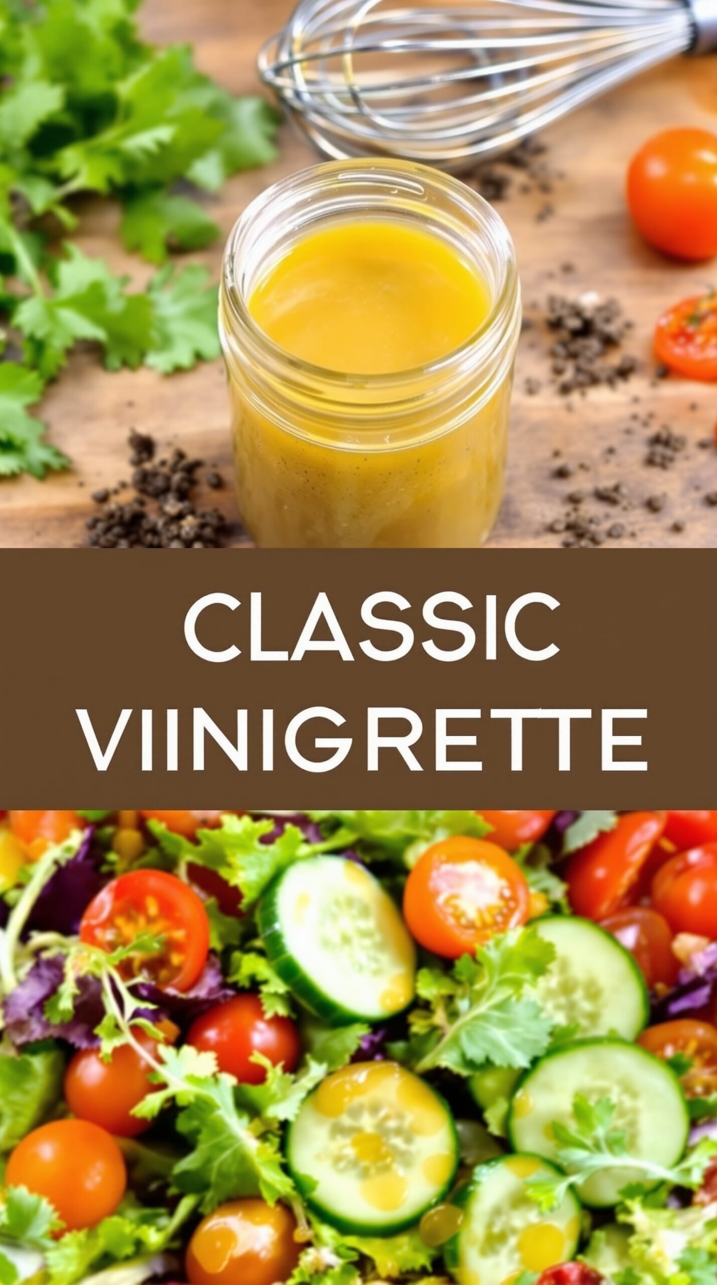 A jar of classic vinaigrette dressing with a fresh salad of greens, tomatoes, and cucumbers on a wooden table.