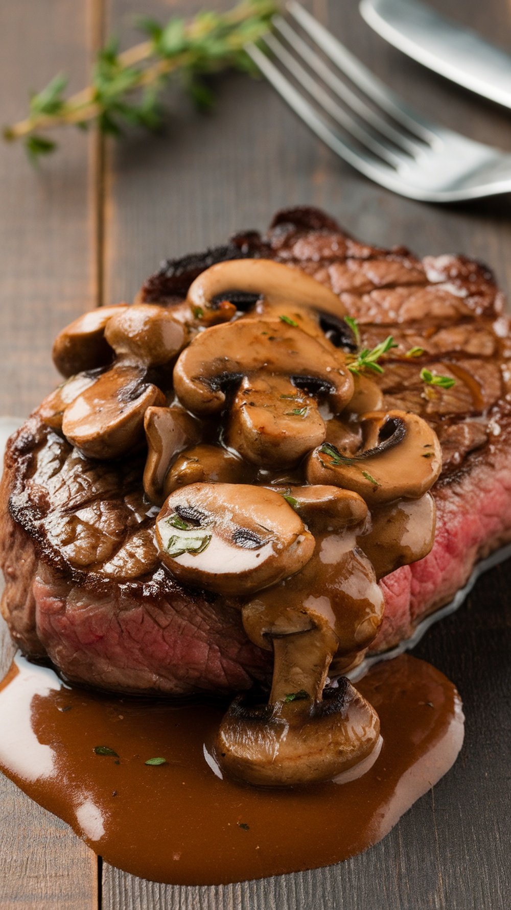 Savory mushroom pan sauce over a seared steak, garnished with herbs on a rustic table.