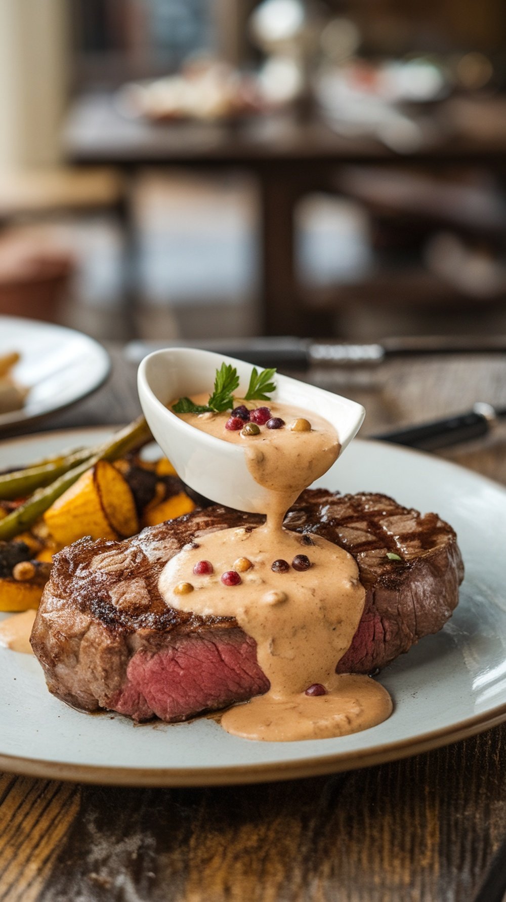 Creamy peppercorn sauce in a bowl, drizzled over steak with roasted vegetables on the side.