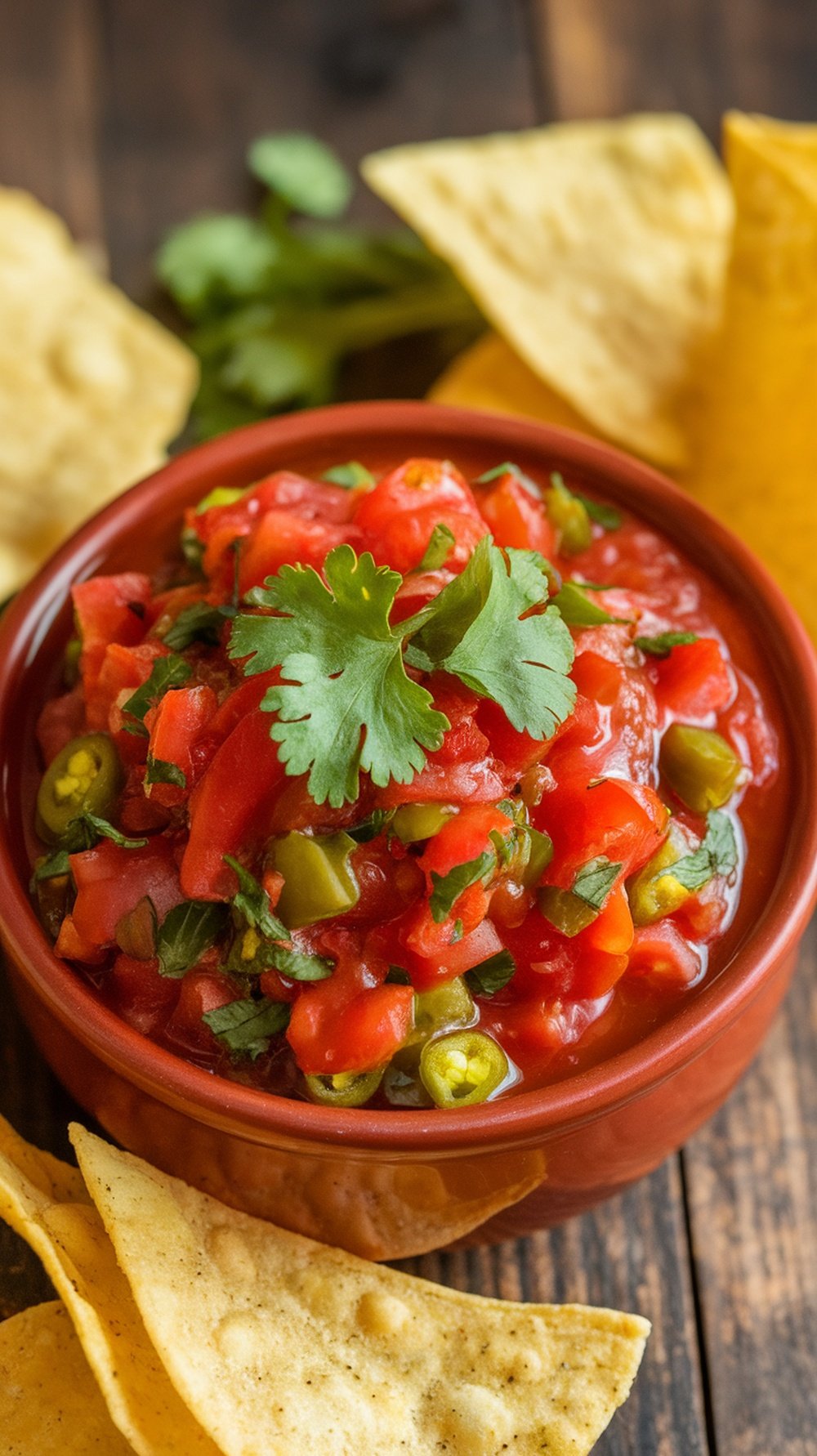 A colorful bowl of Salsa Roja with tomatoes, chilies, and cilantro, surrounded by tortilla chips on a wooden table.