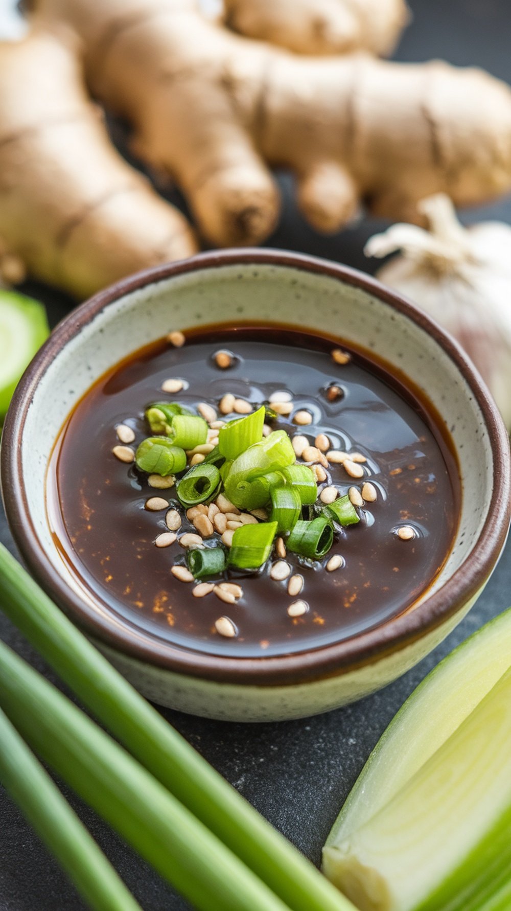A bowl of soy ginger dipping sauce garnished with green onions and sesame seeds, surrounded by fresh ginger and garlic.