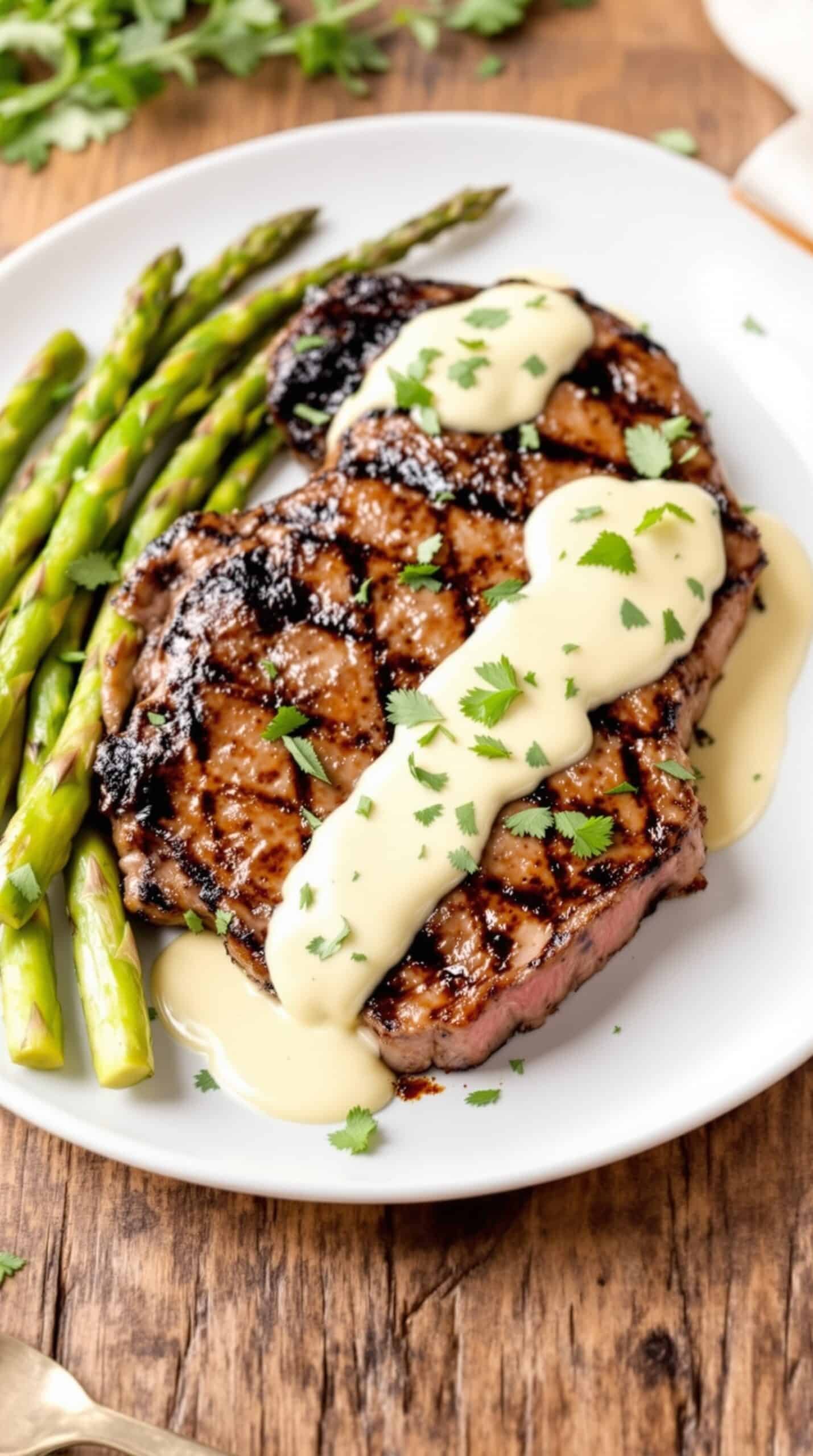 Grilled steak topped with Béarnaise sauce and garnished with tarragon, served with grilled asparagus.