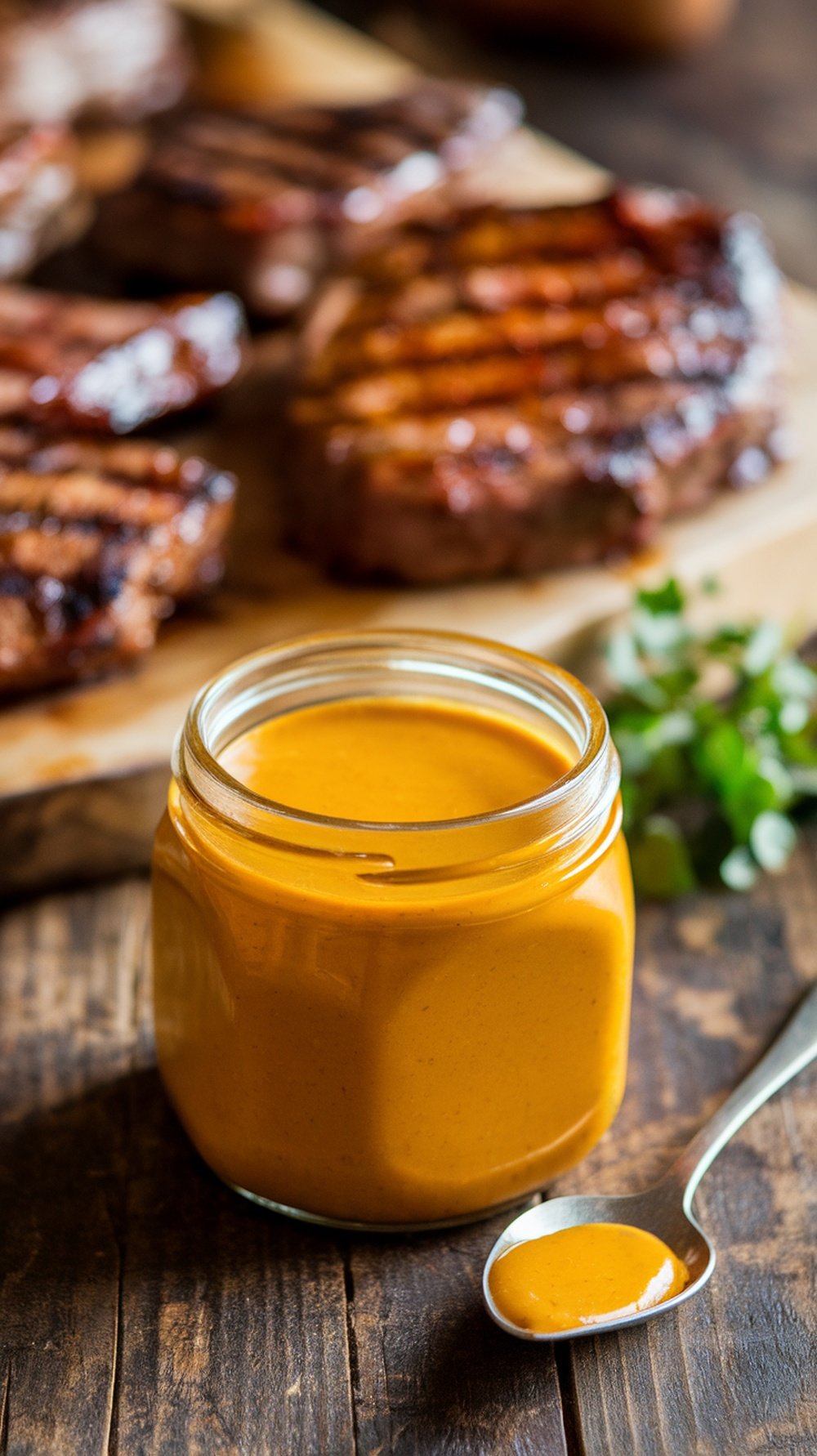 A jar of Carolina mustard BBQ sauce with grilled meats in the background on a wooden table.