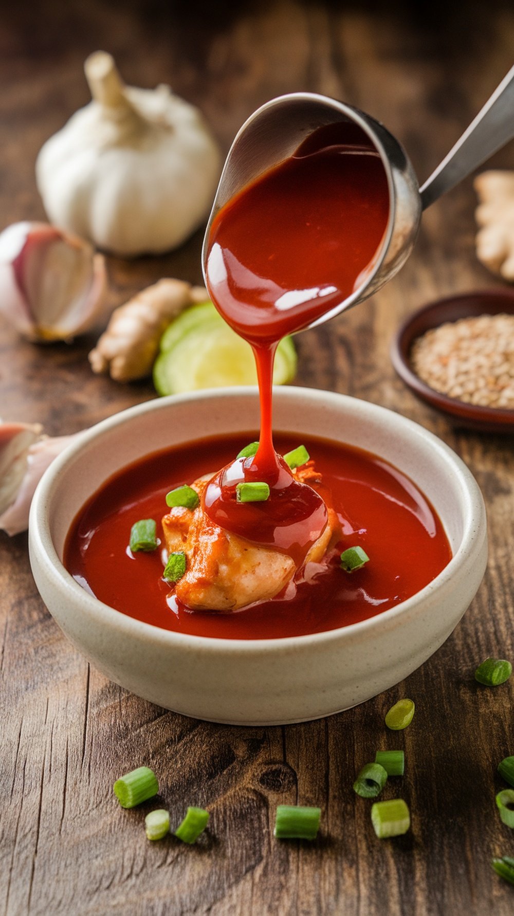 A bowl of spicy gochujang glaze with grilled chicken skewers garnished with green onions.