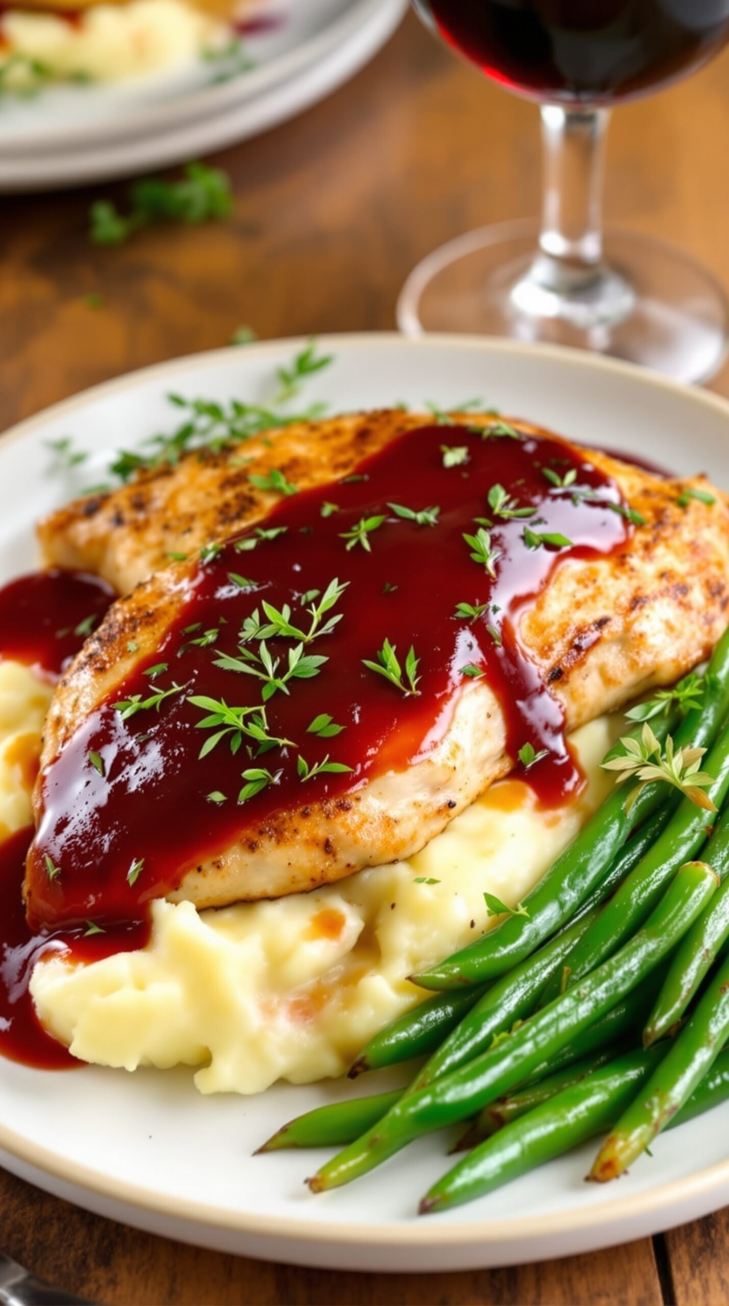 Pan-seared chicken breasts with red wine sauce, served with mashed potatoes and green beans on a rustic table.