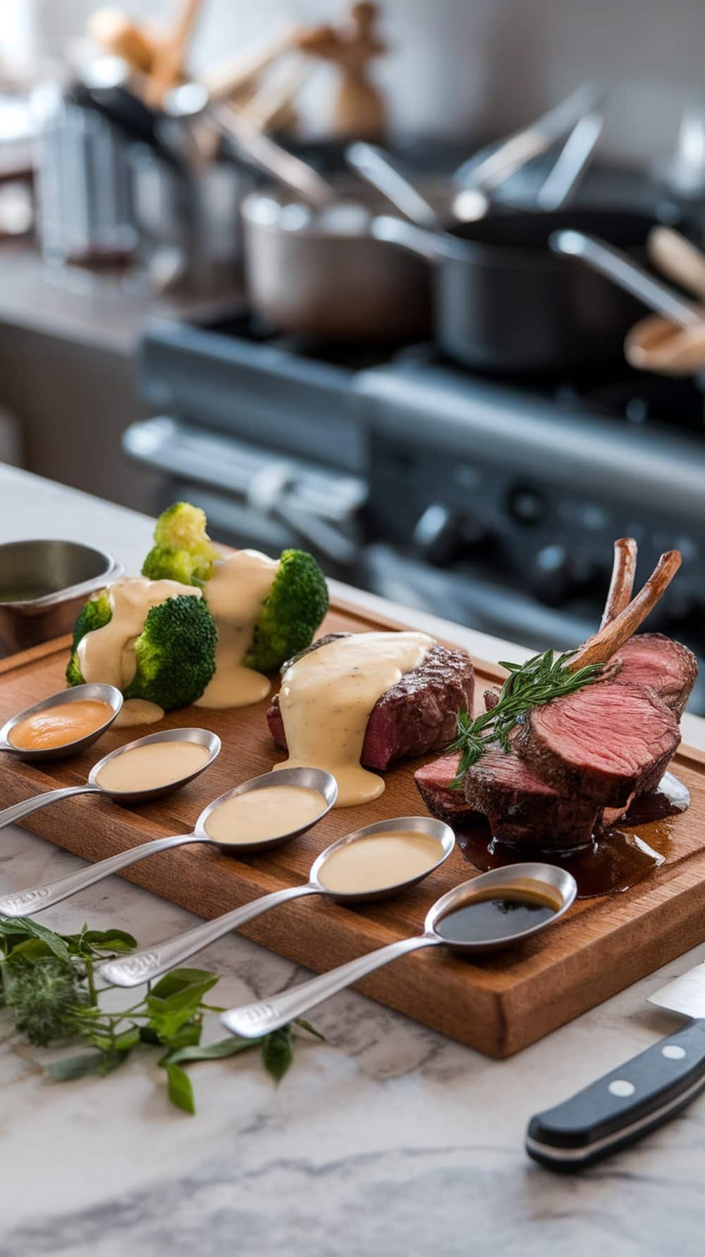 7 Types of Sauces Every Home Chef Should Master 2 A variety of colorful sauces in small bowls on a wooden table.