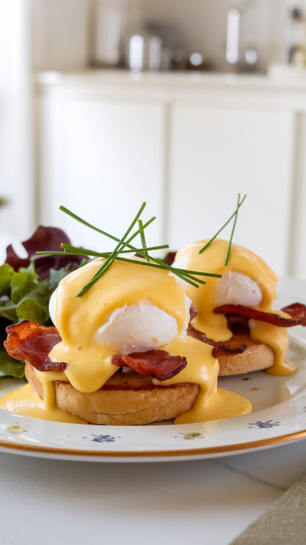 Eggs Benedict with poached eggs, Canadian bacon, and hollandaise sauce on toasted English muffins, garnished with chives.