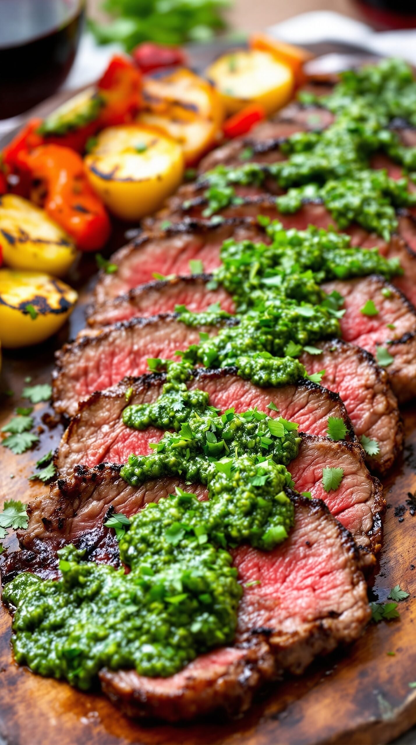 Grilled flank steak with chimichurri sauce on a wooden platter, served with grilled vegetables.