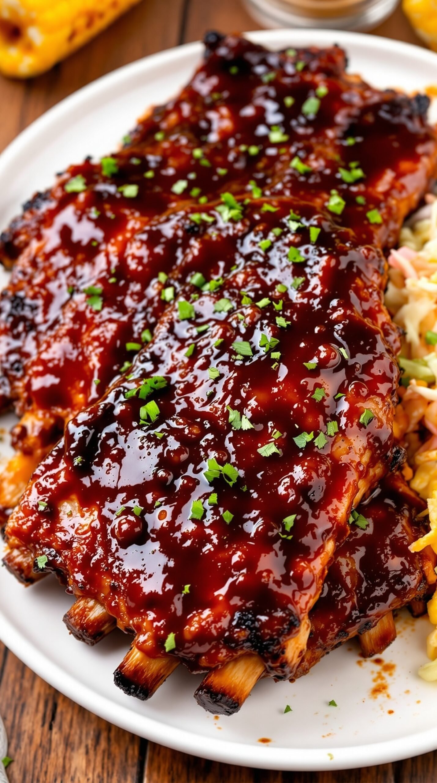 Sticky BBQ ribs with smoky sauce on a plate, served with coleslaw and corn.