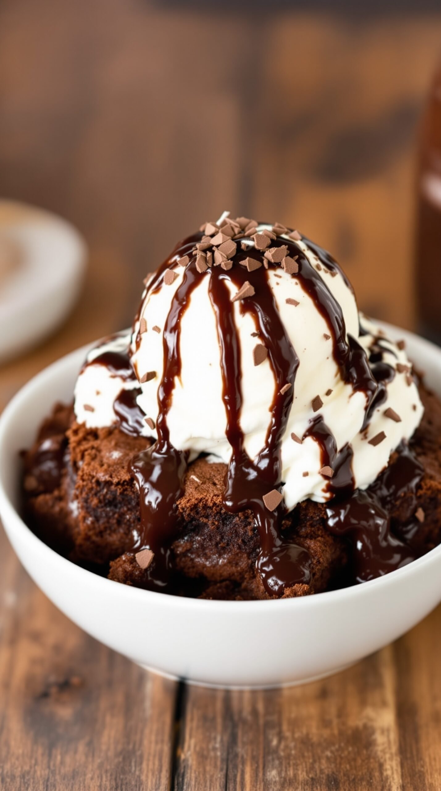 A warm brownie sundae with ice cream and hot fudge sauce, garnished with whipped cream and chocolate shavings.