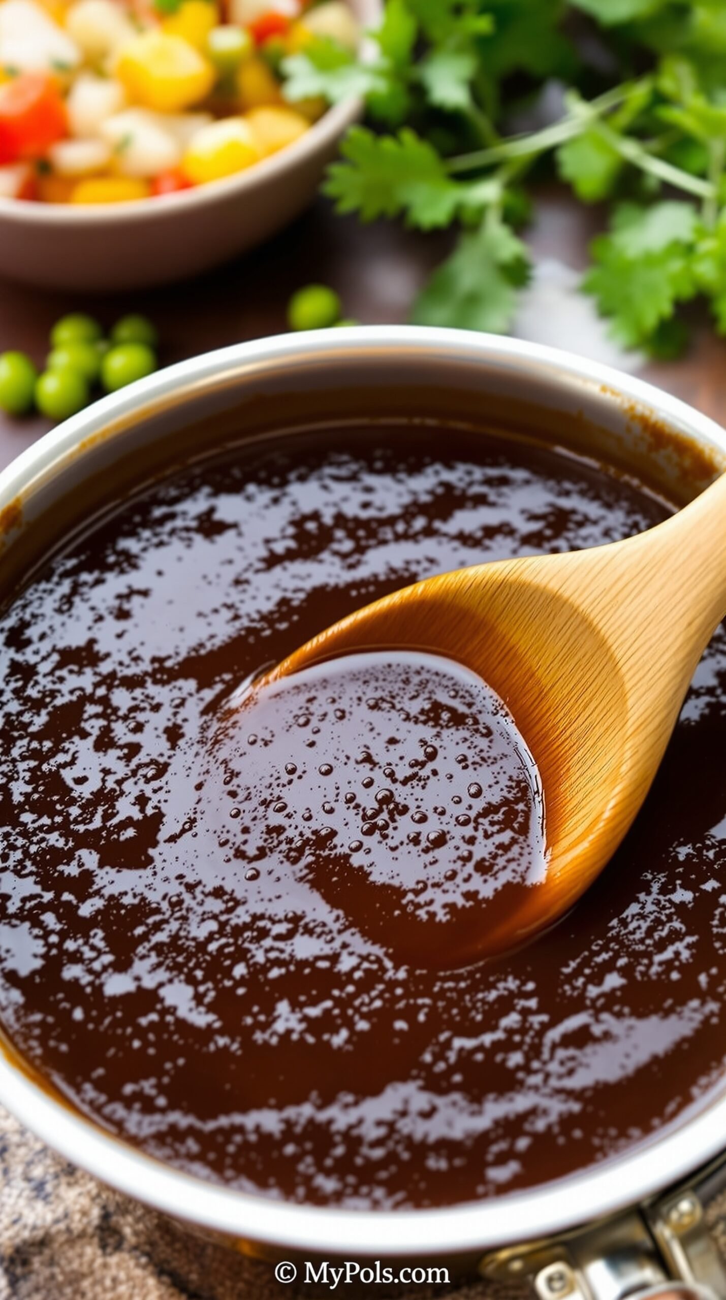 A small saucepan filled with rich brown Espagnole sauce, with a wooden spoon and fresh herbs in the background.