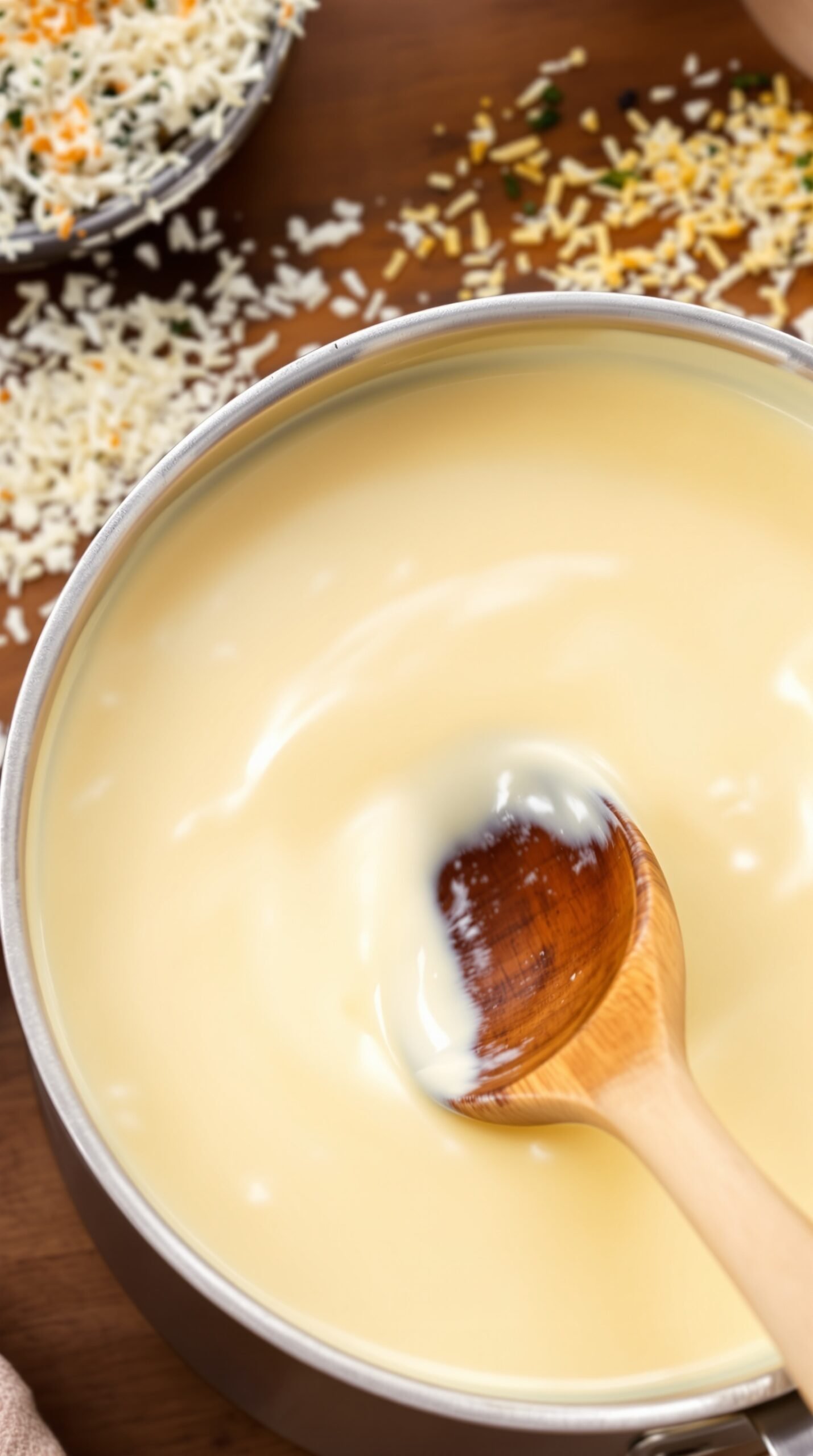A creamy Mornay sauce in a saucepan with grated cheese and nutmeg in the background.