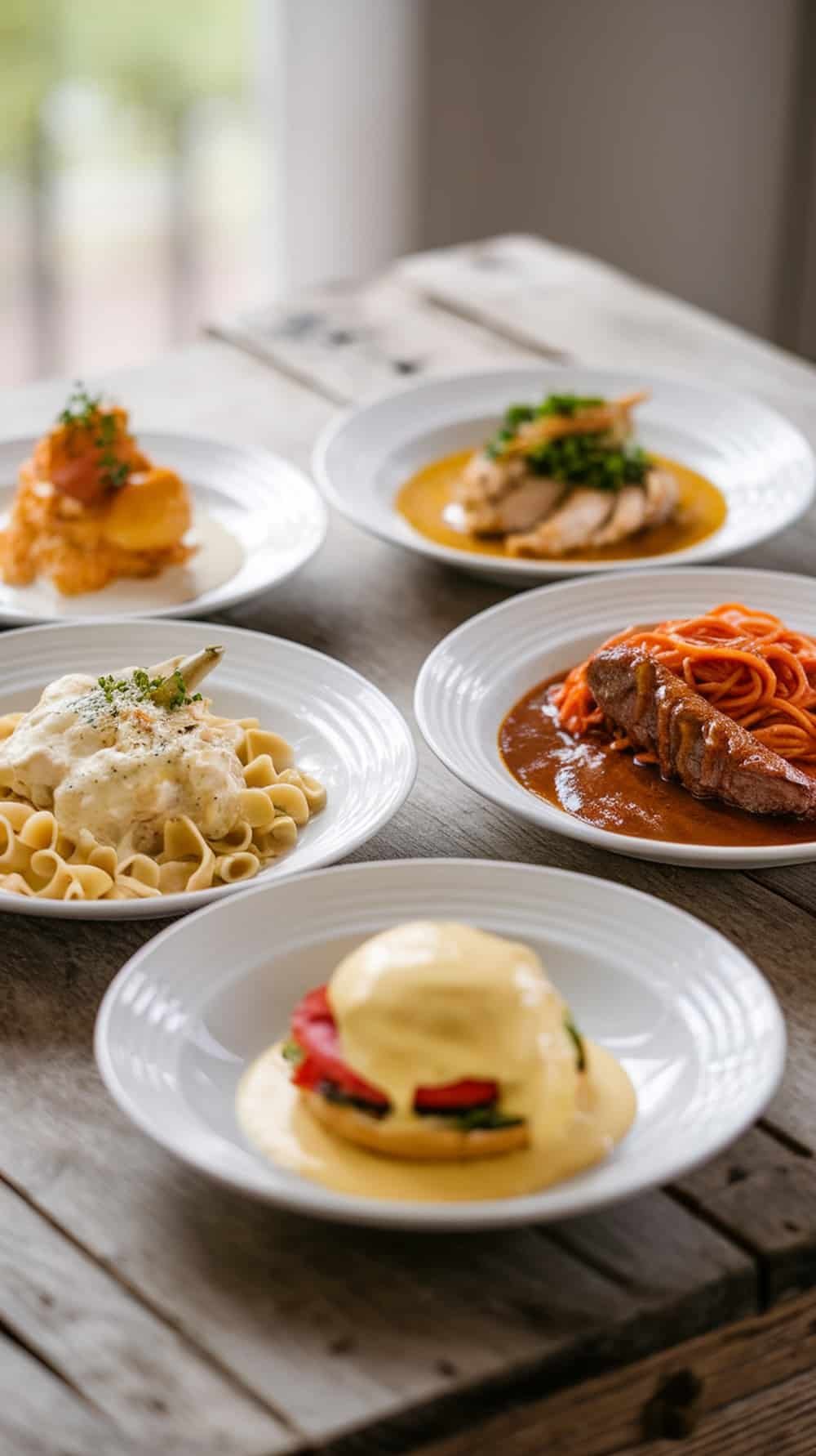 7 Types of Sauces Every Home Chef Should Master 1 Various mother sauces in small bowls on a wooden board.